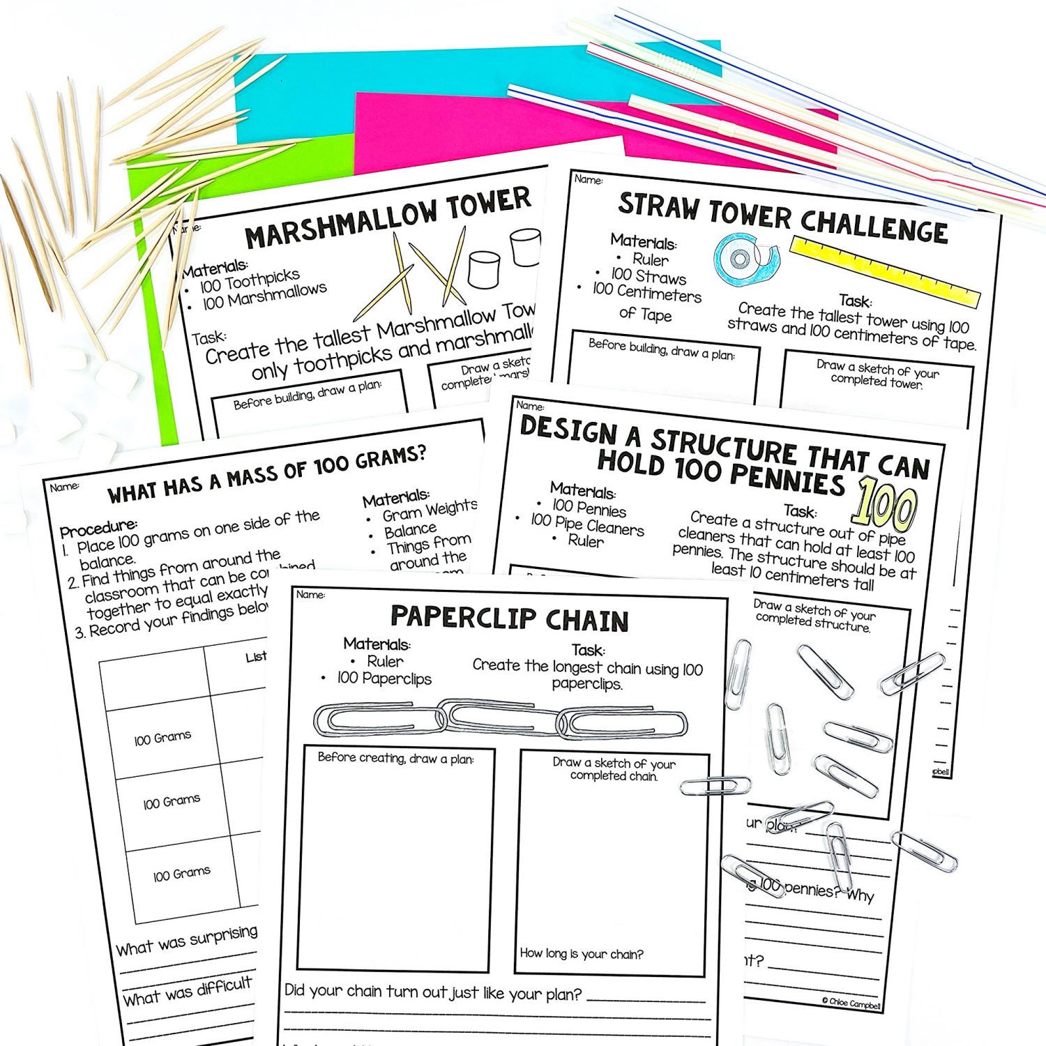 6 recording sheets for marshmallow tower, straw tower, and paperclip chain for the 100th day holiday science experiments