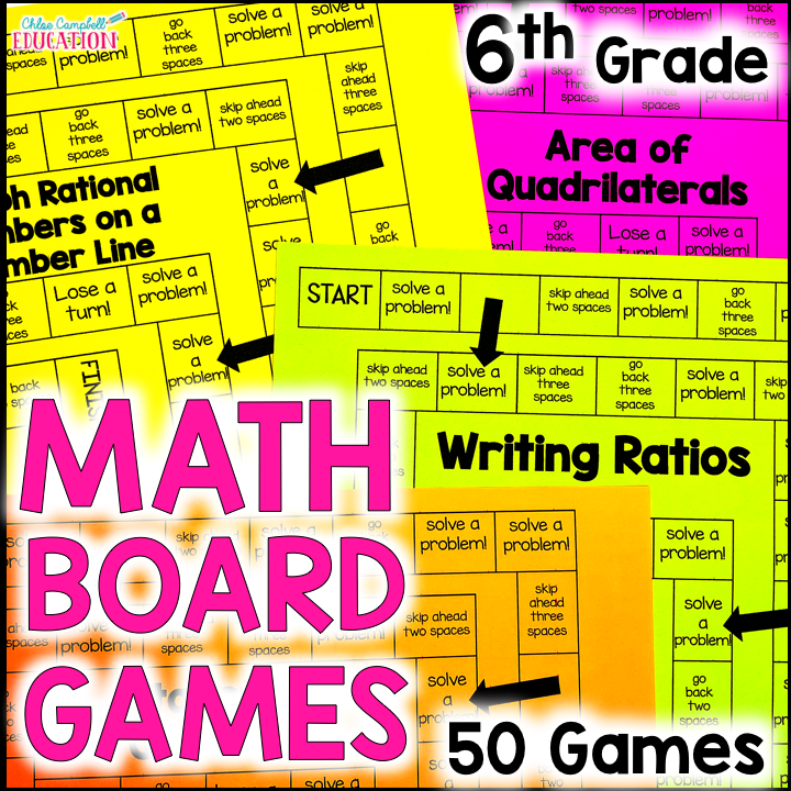 Collage of 6th grade math board games from the 6th grade math stations yearly bundle
