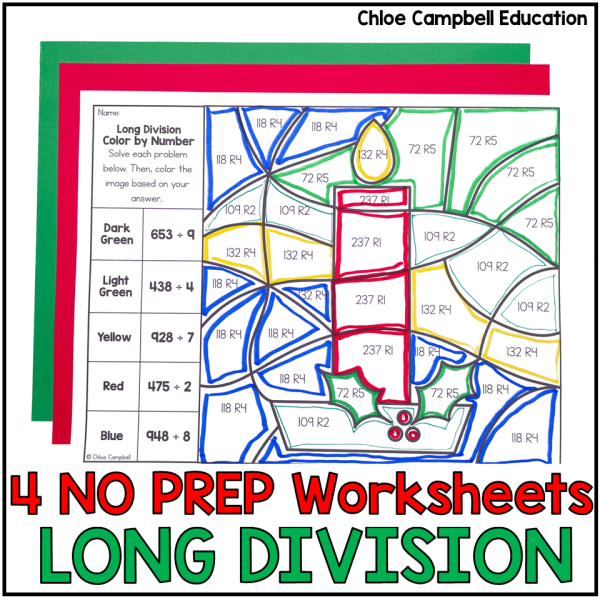 Long Division with Remainders Color by Number Christmas Math Worksheets