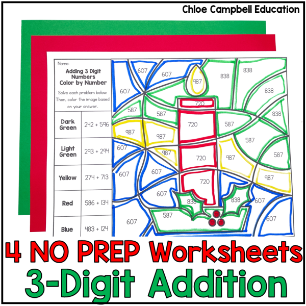 Christmas Math 3 Digit Addition Color by Number - Christmas Adding within 1,000