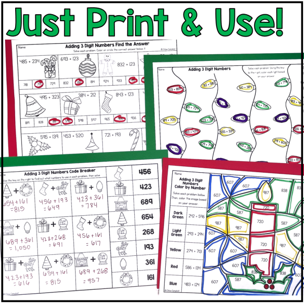 Christmas Math 3 Digit Addition Color by Number - Christmas Adding within 1,000 - Image 3