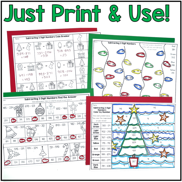 3 Digit Subtraction with Regrouping Christmas Math Worksheets - Image 3