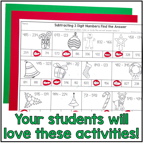 3 Digit Subtraction with Regrouping Christmas Math Worksheets