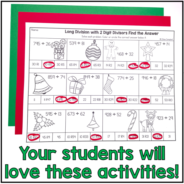 Long Division with 2 Digit Divisors 5th Grade Christmas Math Color by Number