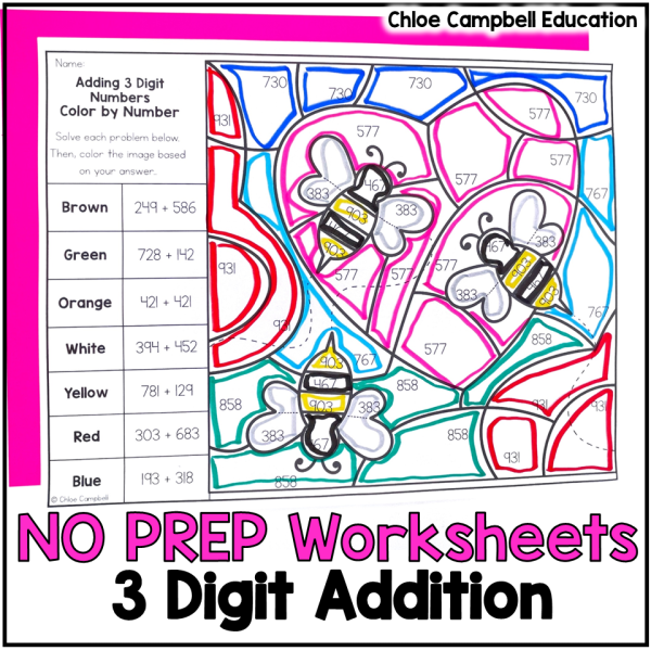 Valentine's Day Math 3 Digit Addition Color by Number - Adding within 1,000