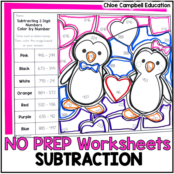 3 Digit Subtraction with Regrouping Valentine's Day Math Worksheets