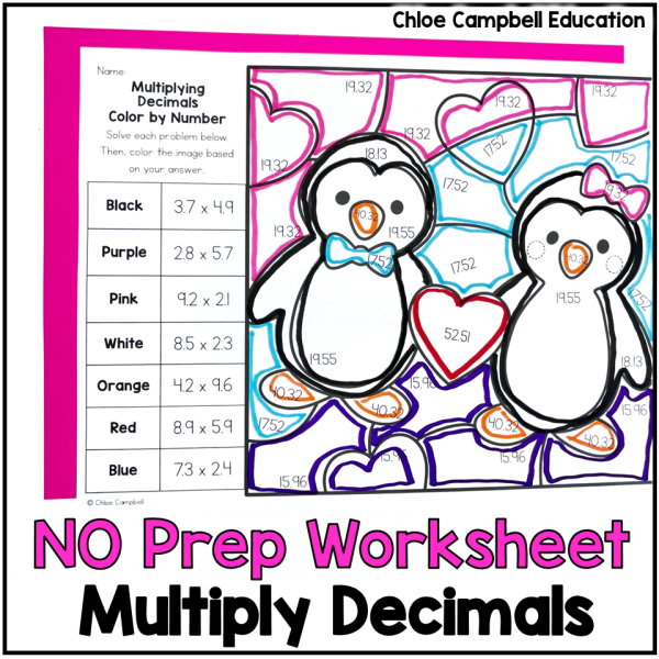Multiplying Decimals - Valentine's Math Worksheets - Color by Number Activities