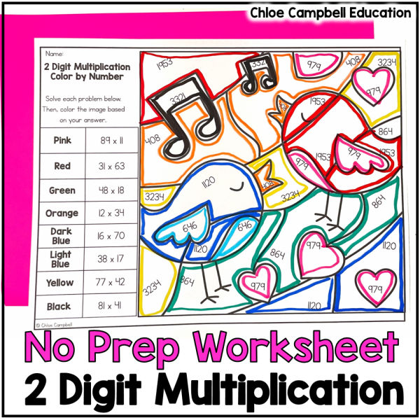Valentine's Day Math 2 Digit Multiplication Color by Number - 2 Digit by 2 Digit
