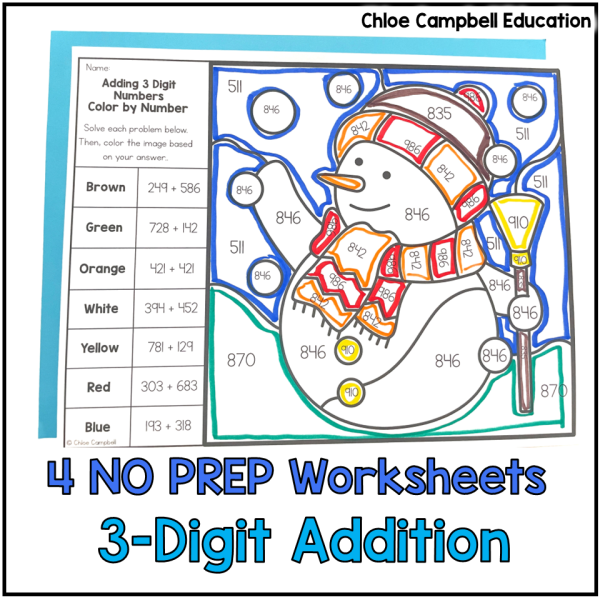 Winter Math 3 Digit Addition Color by Number - Winter Adding within 1,000