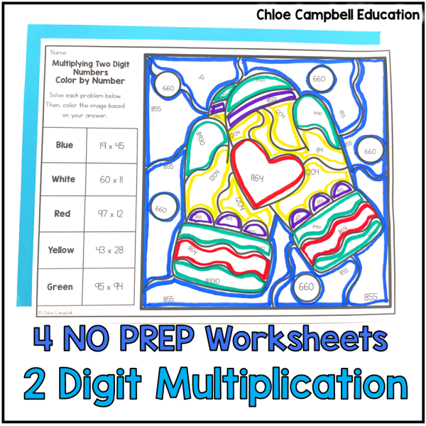 Winter Math 2 Digit Multiplication Color by Number - 2 Digit by 2 Digit