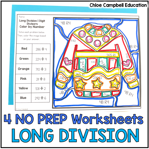 Long Division with Remainders Color by Number Winter Math Worksheets