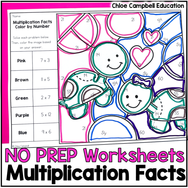 Multiplication Facts Practice Valentine's Math Worksheets - Fact Fluency