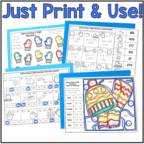 3 Digit Subtraction with Regrouping Winter Math Worksheets - Image 3