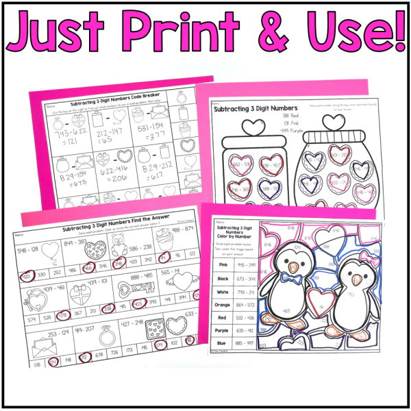 3 Digit Subtraction with Regrouping Valentine's Day Math Worksheets - Image 3
