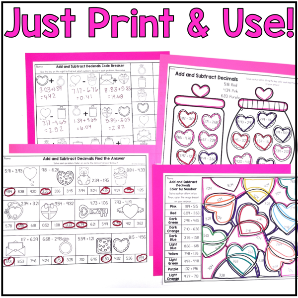Valentine's Day Adding & Subtracting Decimals - 5th Grade Math Worksheets - Image 3