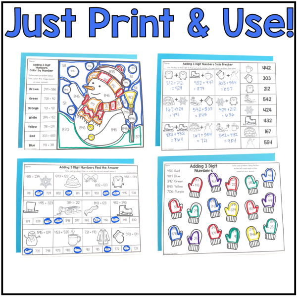 Winter Math 3 Digit Addition Color by Number - Winter Adding within 1,000 - Image 3