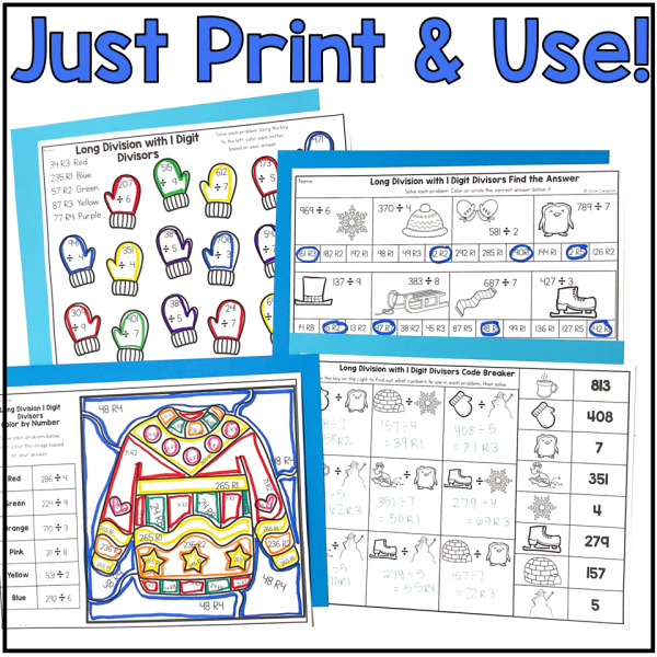 Long Division with Remainders Color by Number Winter Math Worksheets - Image 3