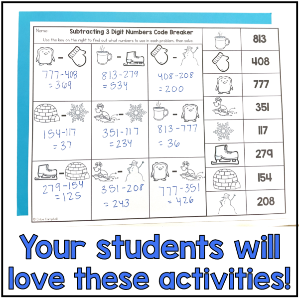 3 Digit Subtraction with Regrouping Winter Math Worksheets