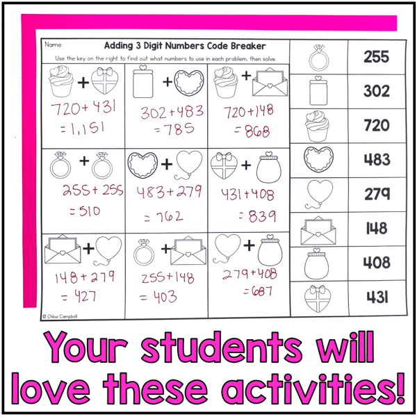 Valentine's Day Math 3 Digit Addition Color by Number - Adding within 1,000 - Image 4