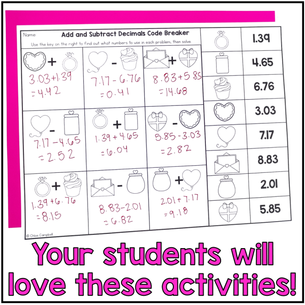 Valentine's Day Adding & Subtracting Decimals - 5th Grade Winter Math Worksheets