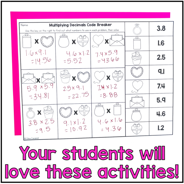 Multiplying Decimals - Valentine's Math Worksheets - Color by Number Activities