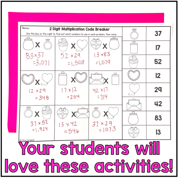 Valentine's Day Math 2 Digit Multiplication Color by Number - 2 Digit by 2 Digit