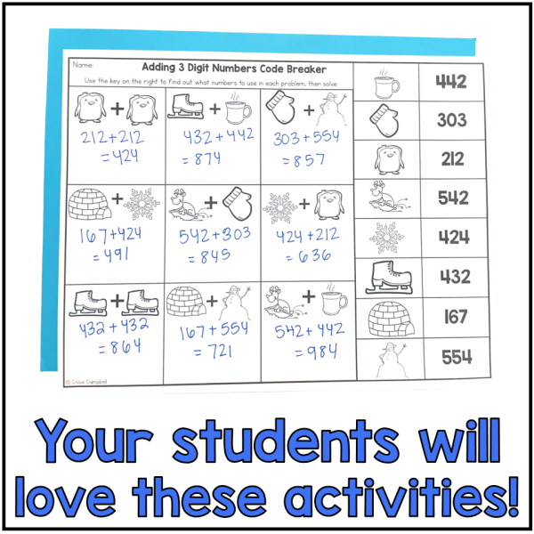 Winter Math 3 Digit Addition Color by Number - Winter Adding within 1,000