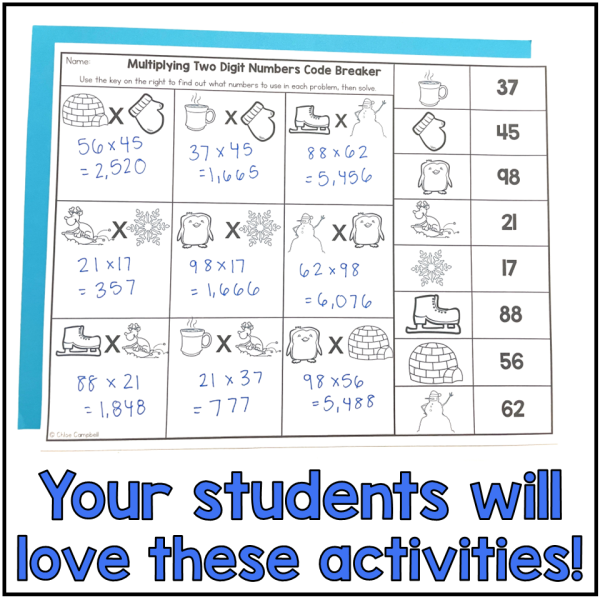 Winter Math 2 Digit Multiplication Color by Number - 2 Digit by 2 Digit