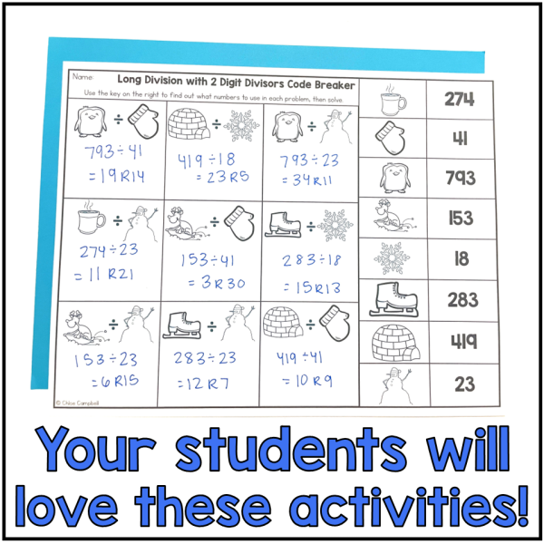 Long Division with 2 Digit Divisors 5th Grade Winter Math Color by Number