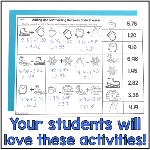 Winter Adding & Subtracting Decimals - 5th Grade Winter Math Worksheets