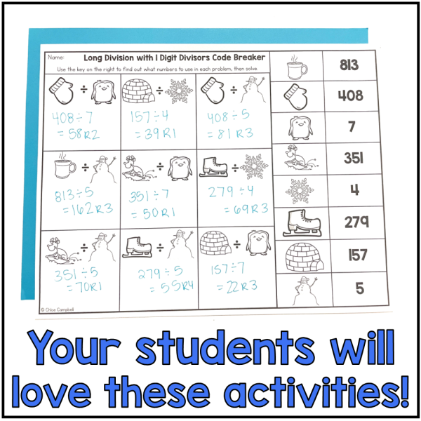 Long Division with Remainders Color by Number Winter Math Worksheets