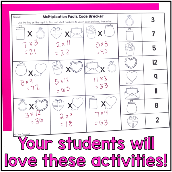 Multiplication Facts Practice Valentine's Math Worksheets - Fact Fluency