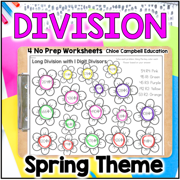 Long Division with Remainders Spring Math Color by Number Worksheets
