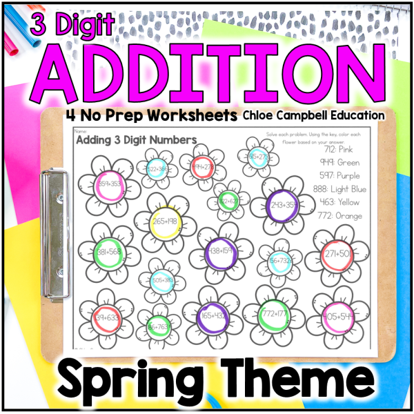 3 Digit Addition - Adding within 1,000 Spring Day Coloring Worksheets
