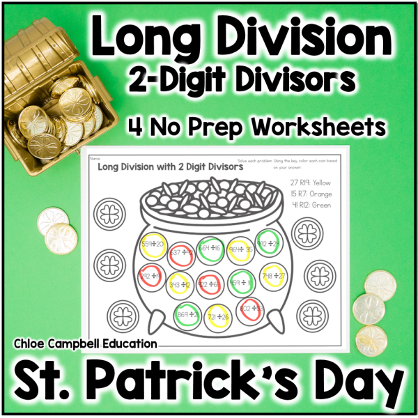 Long Division with 2 Digit Divisors St. Patrick's Day Math Color by Number
