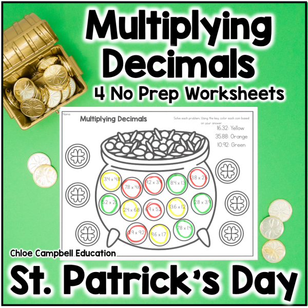 Multiplying Decimals - St. Patrick's Math Worksheets - Color by Number