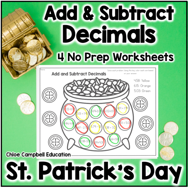 St. Patrick's Day Adding & Subtracting Decimals - 5th Grade Math Worksheets