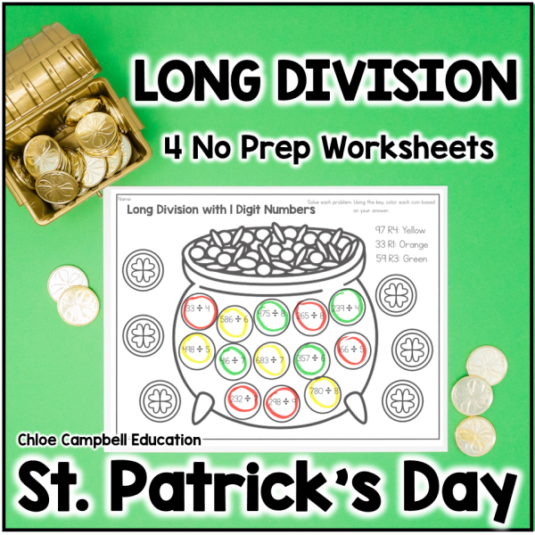 Long Division with Remainders Color by Number St. Patrick's Day Math Worksheets