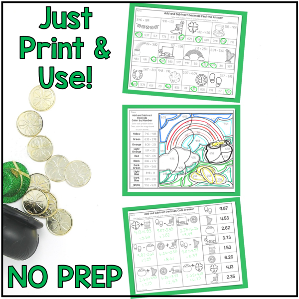 Adding & Subtracting Decimals Color by Number St. Patrick's Day Math Worksheets - Image 3