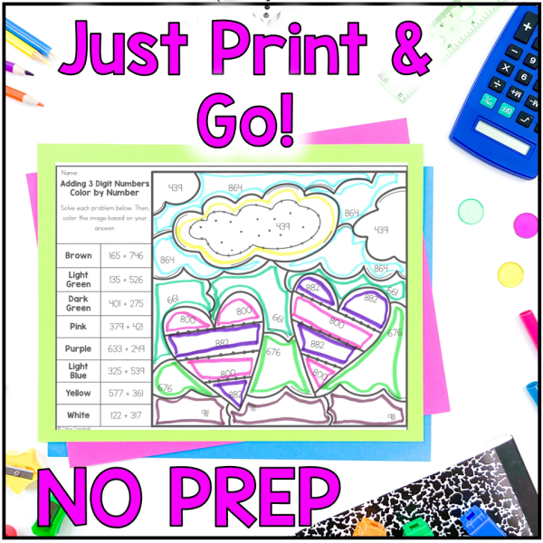 3 Digit Addition - Adding within 1,000 Spring Day Coloring Worksheets - Image 3