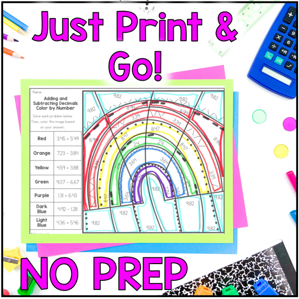 Adding & Subtracting Decimals Color by Number Spring Math Worksheets - Image 3