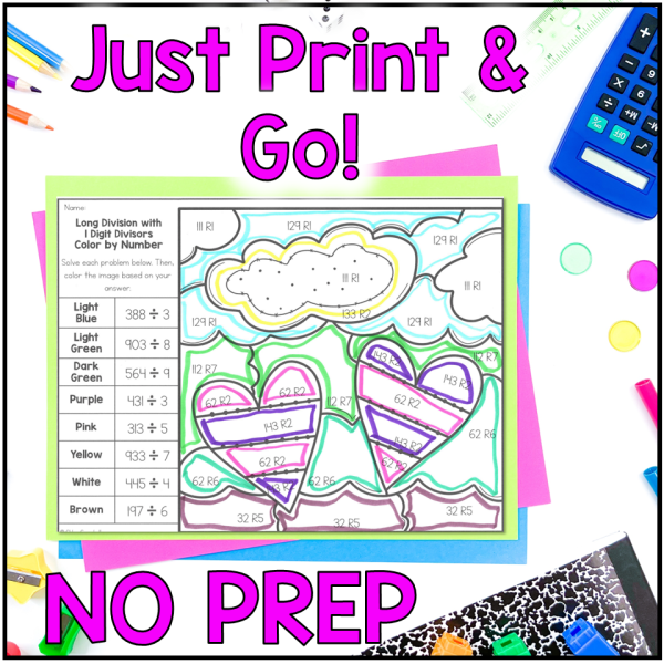Long Division with Remainders Spring Math Color by Number Worksheets - Image 3