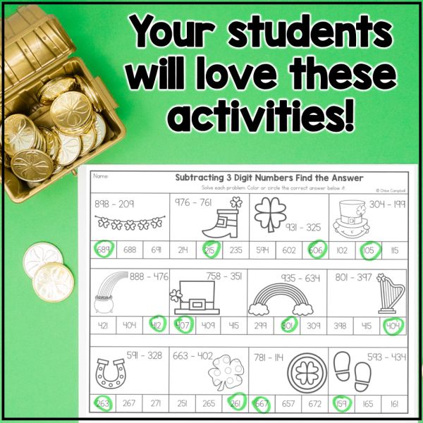 3 Digit Subtraction with Regrouping St. Patrick's Day Math Worksheets