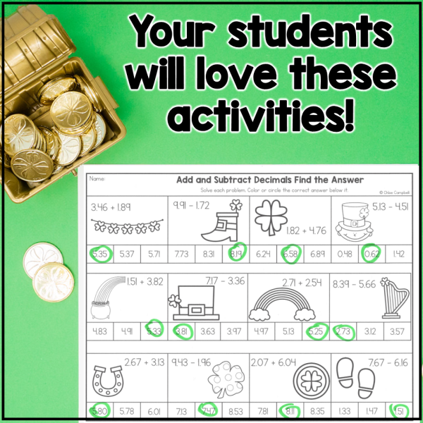 St. Patrick's Day Adding & Subtracting Decimals - 5th Grade Math Worksheets