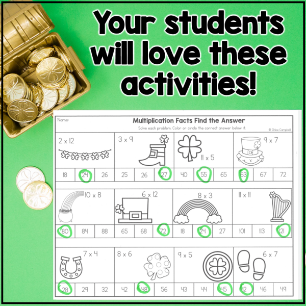 Multiplication Facts Practice St. Patrick's Day Math Worksheets - Fact Fluency