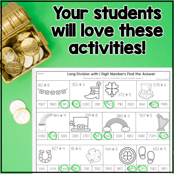 Long Division with Remainders Color by Number St. Patrick's Day Math Worksheets