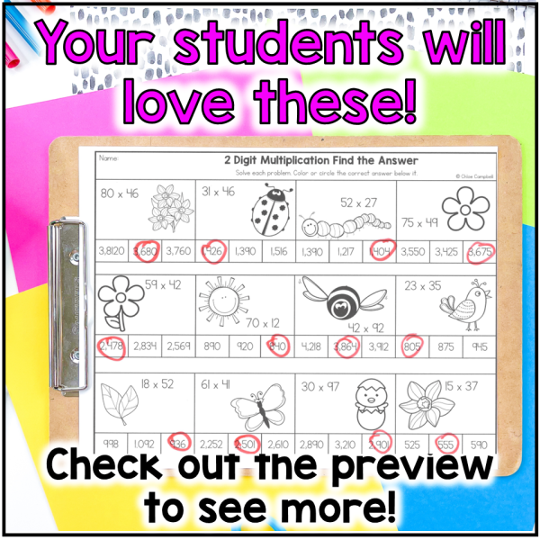 Double Digit Multiplication Color by Number - Spring Math Worksheets