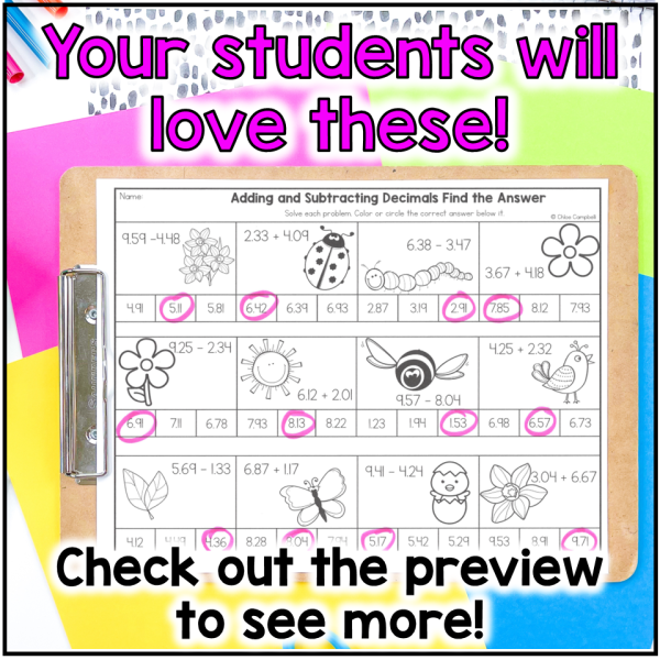 Adding & Subtracting Decimals Color by Number Spring Math Worksheets