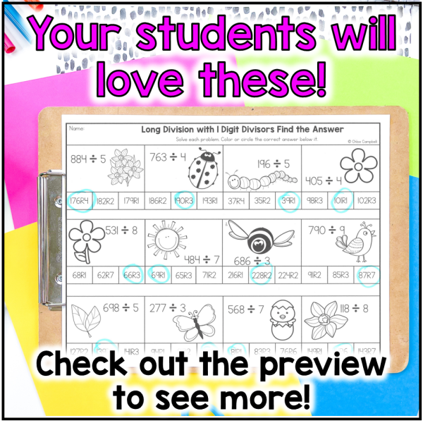 Long Division with Remainders Spring Math Color by Number Worksheets