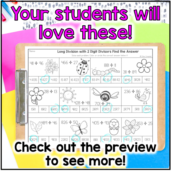 Long Division with 2 Digit Divisors - Spring Math Color by Number
